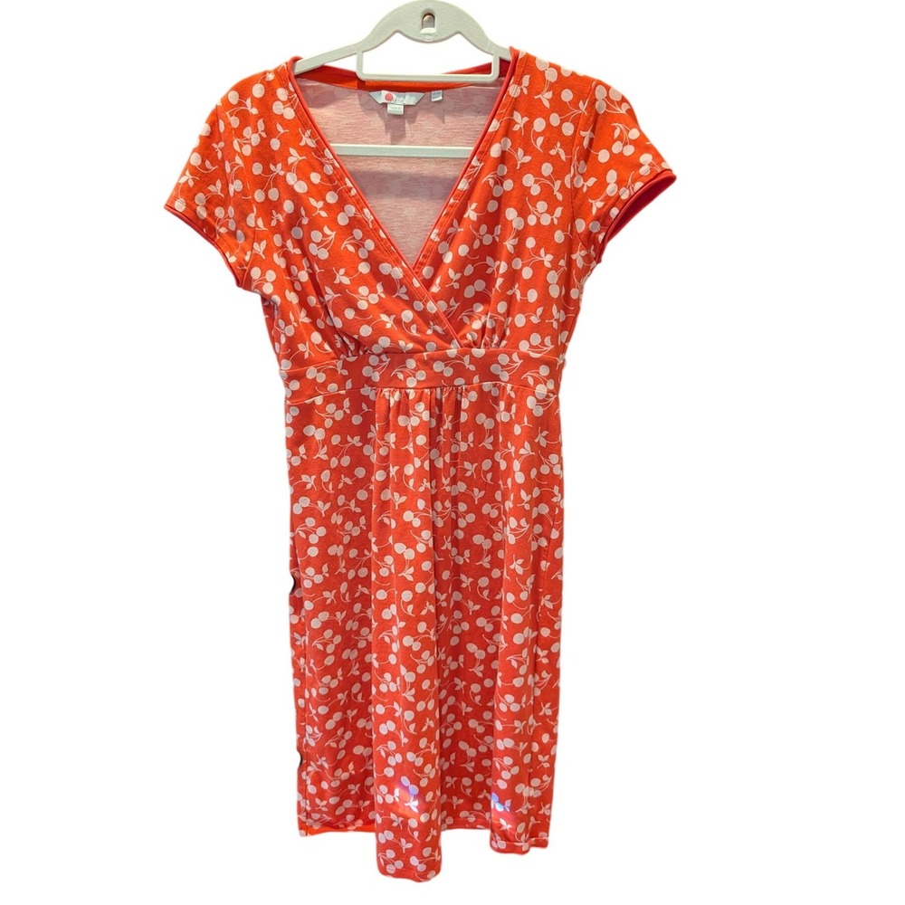 Boden Red Cherry Print Wrap V-Neck Jersey Dress Size 6 Cap Sleeve Cotton